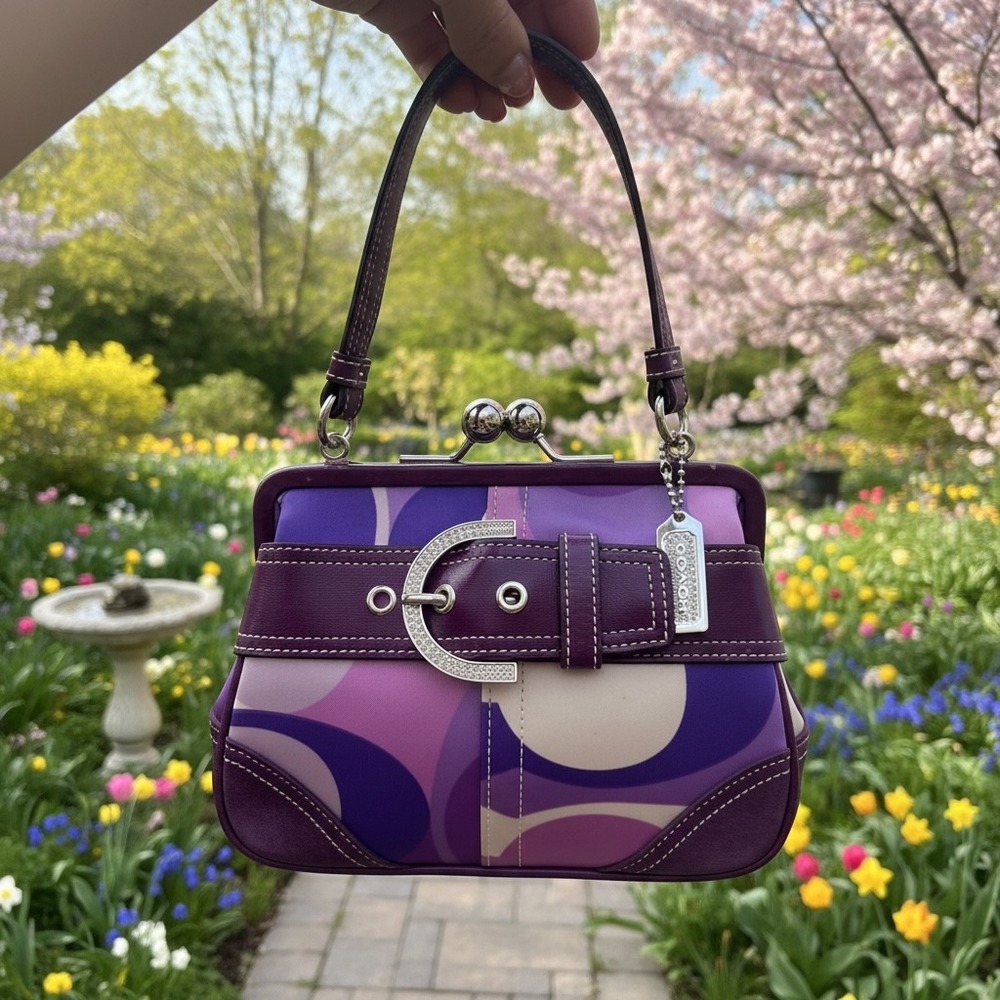 Coach 3582 Purple Op Art Kisslock Satchel Y2K Rare Buckle Bag Authentic